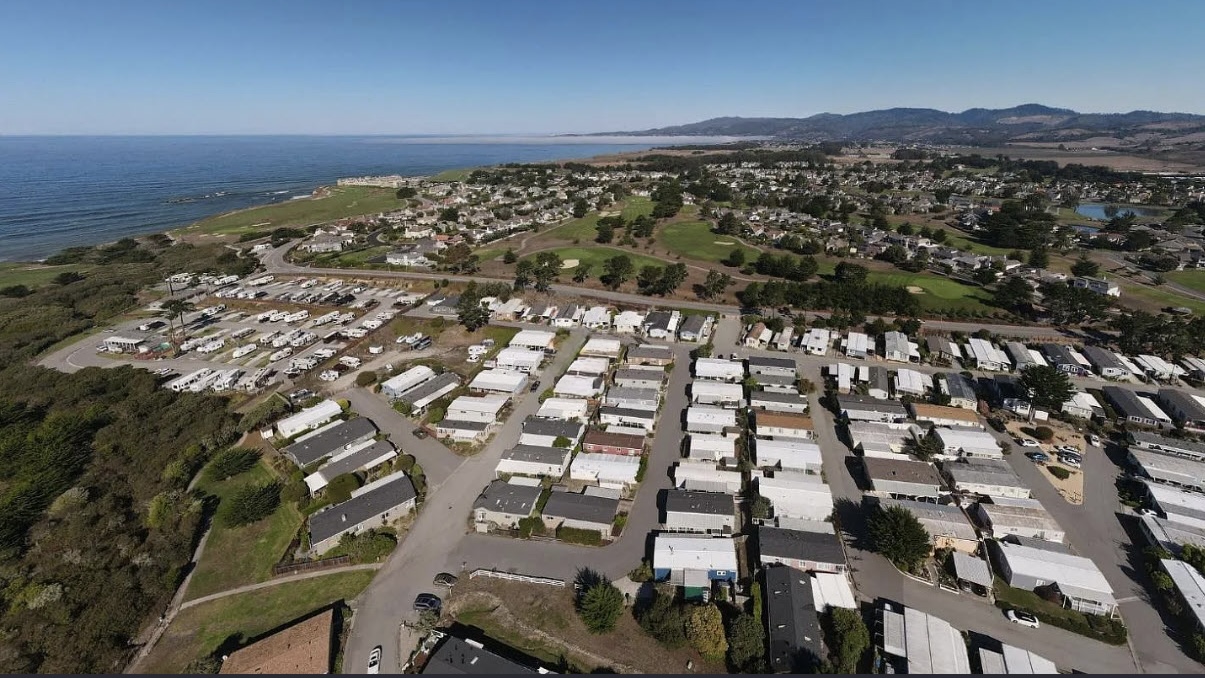 Aerial view of Canada Cove and Half Moon Bay coastline